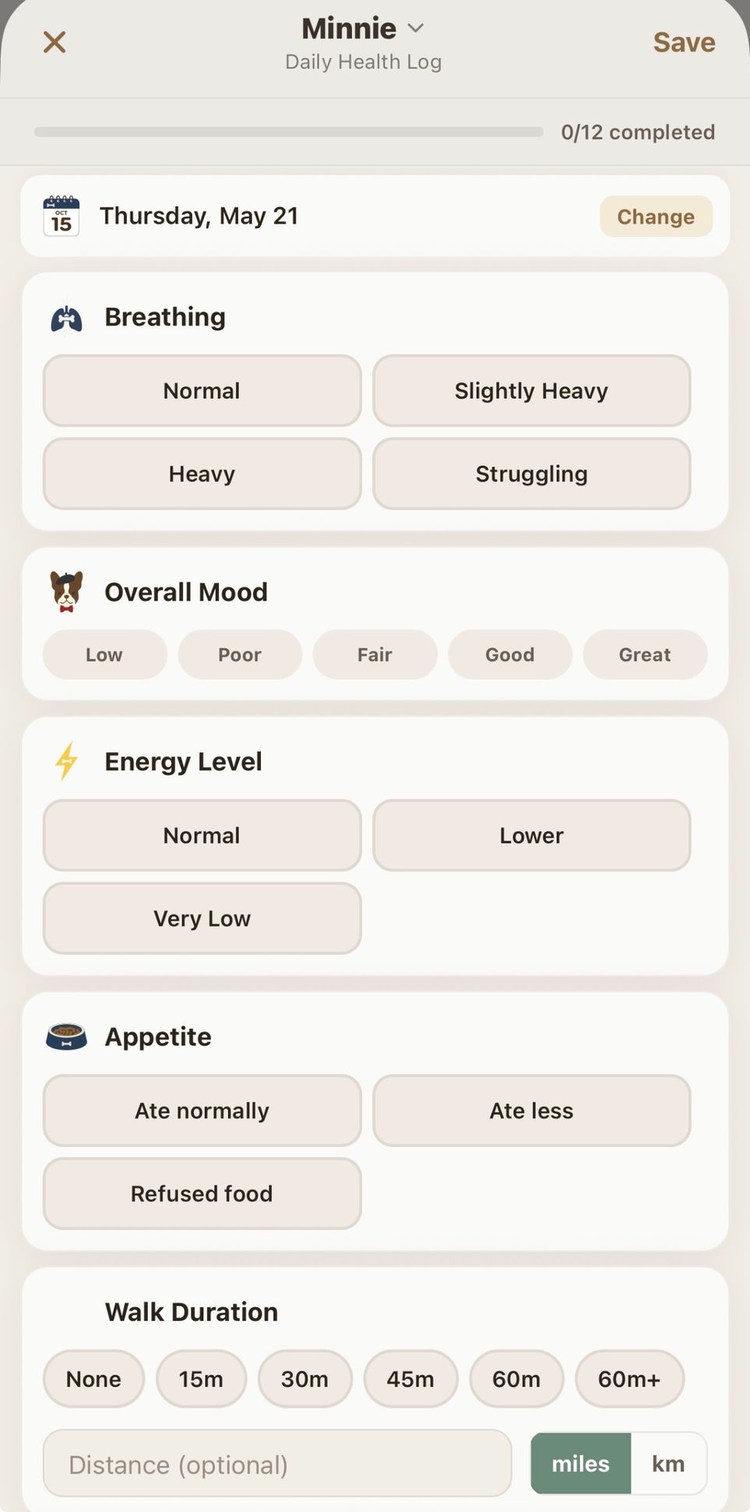MyFrnchy daily health log scoring breathing, mood, energy, appetite, and walk duration