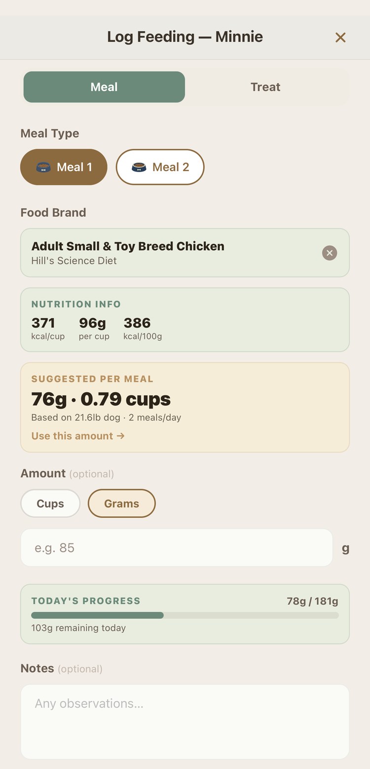 MyFrnchy feeding log showing meals, portions, and timing for the day