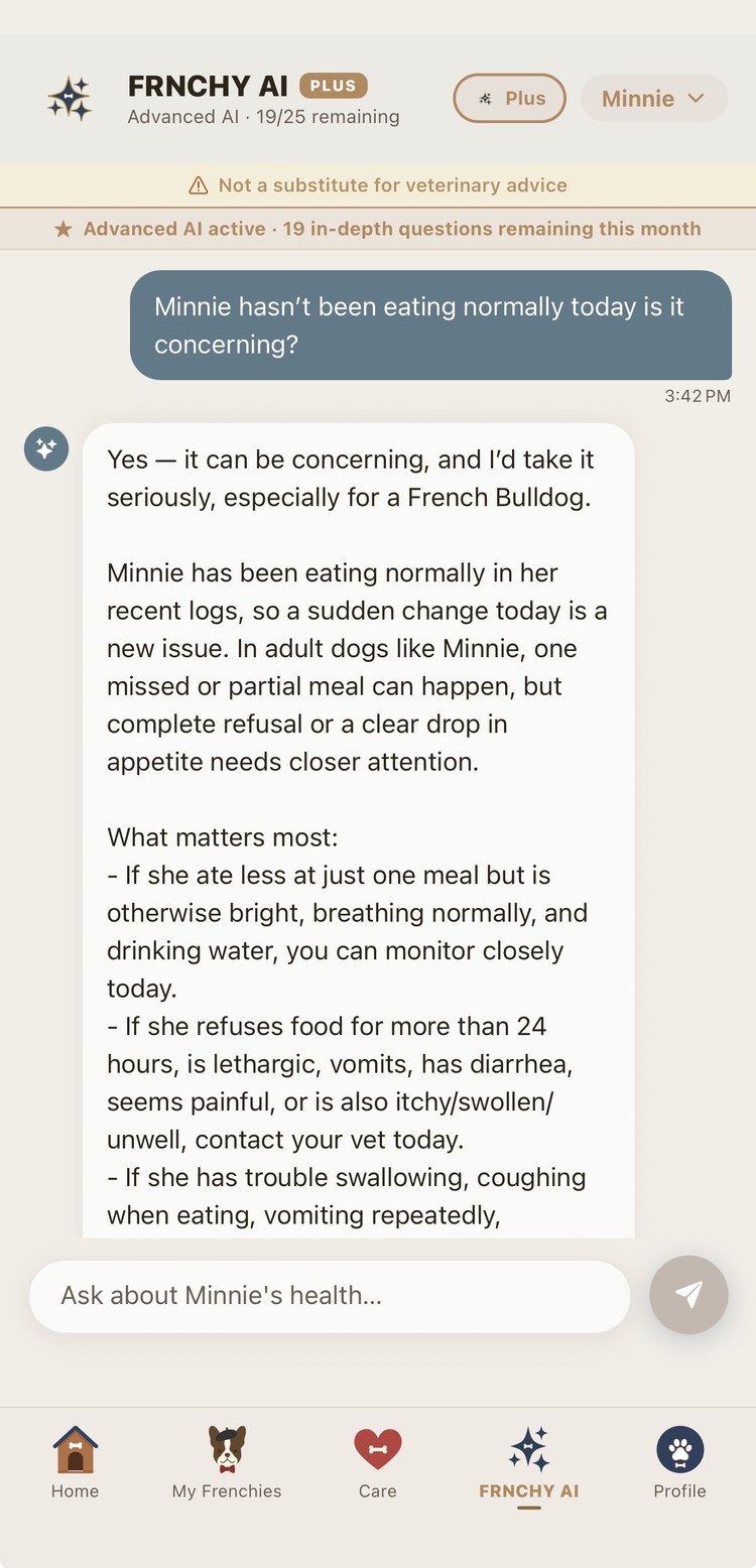 FRNCHY AI chat answering a question about a Frenchie not eating, grounded in her profile and recent logs