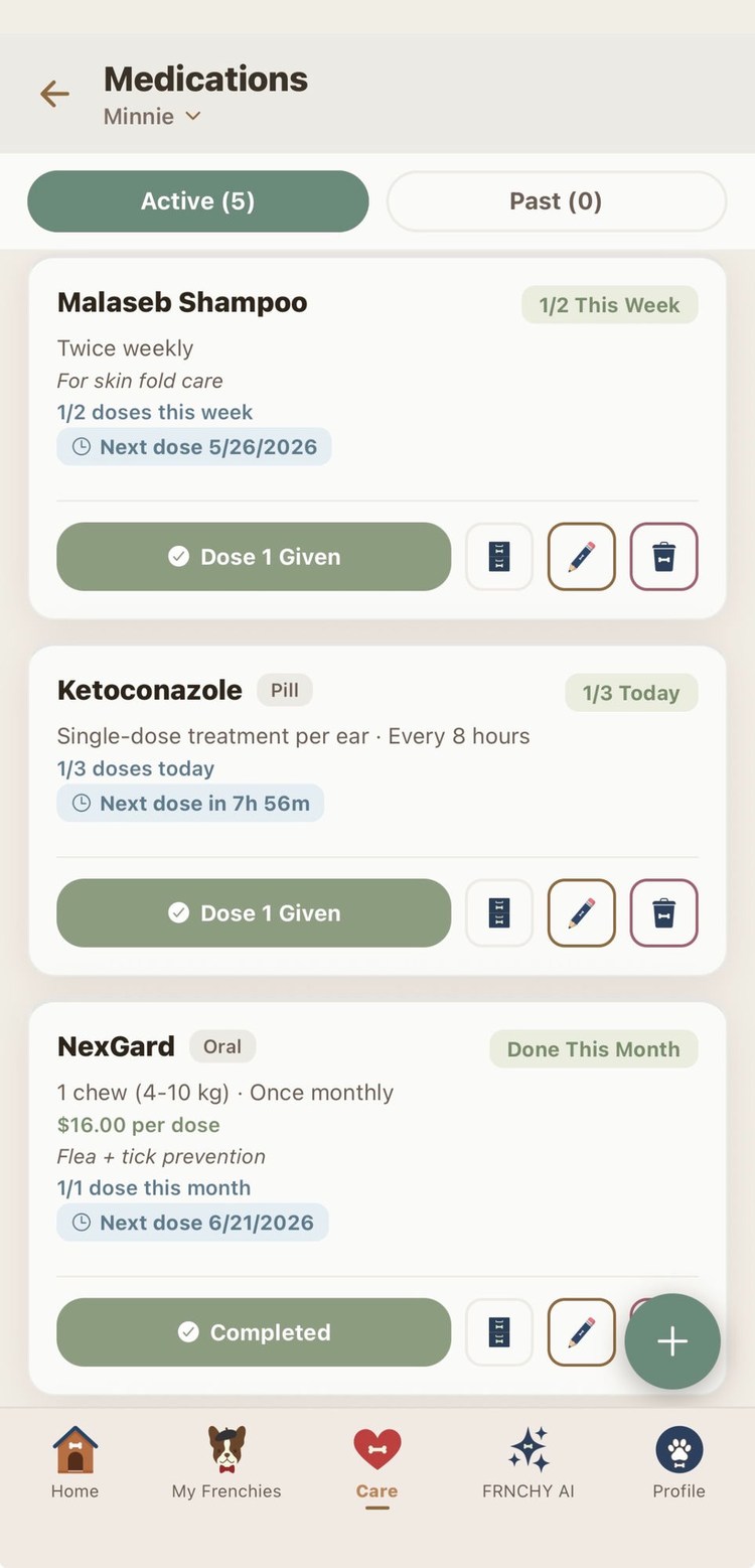 MyFrnchy medications screen showing active medications, doses given, and next-dose schedules